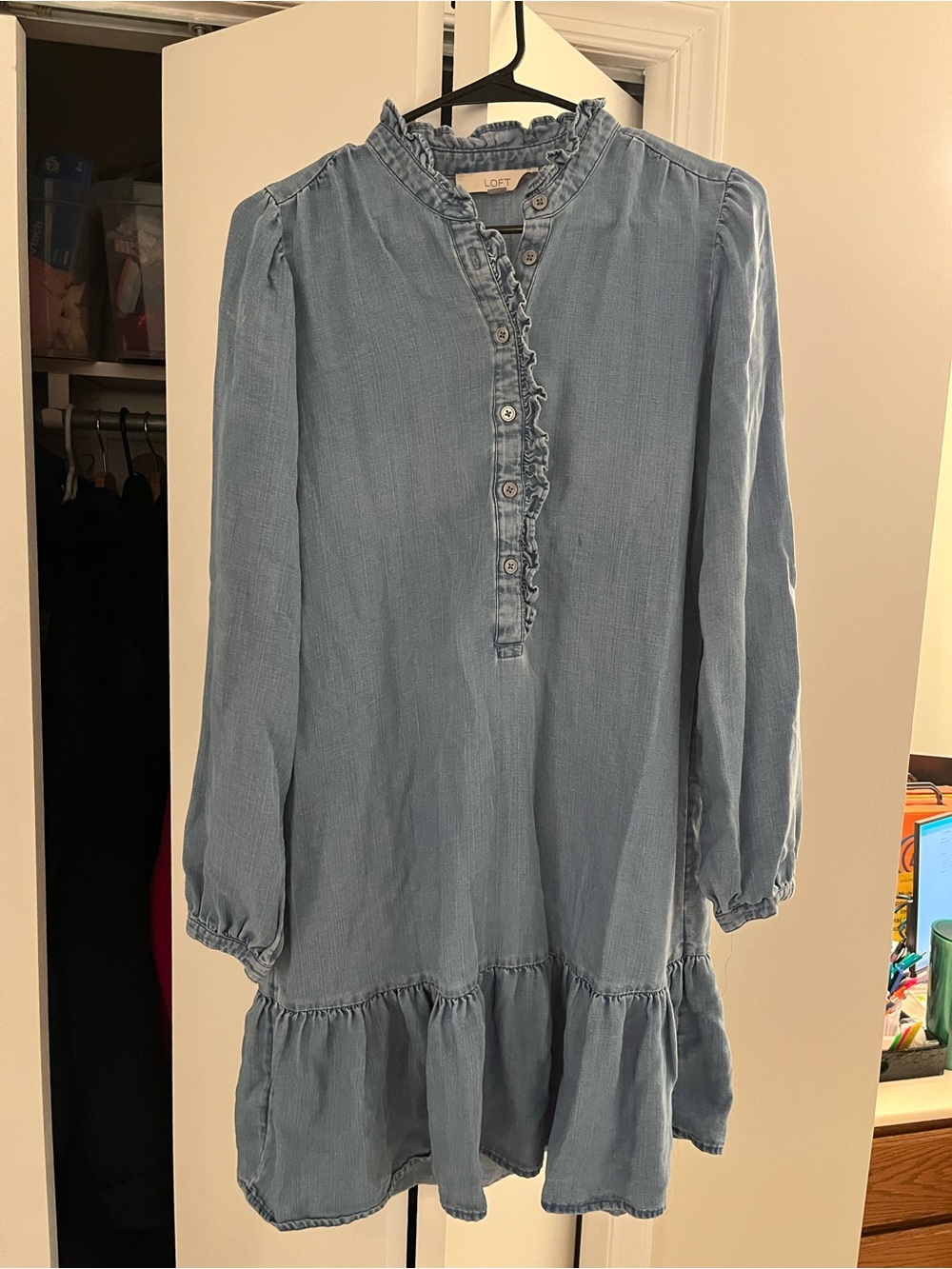 Loft Size Small Lightweight Ruffle Hem and Button Down Chambray Denim Dress
